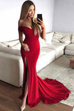 Red Mermaid Off the Shoulder Split Prom Dresses with V Neck, Long Evening Dresses PW907
