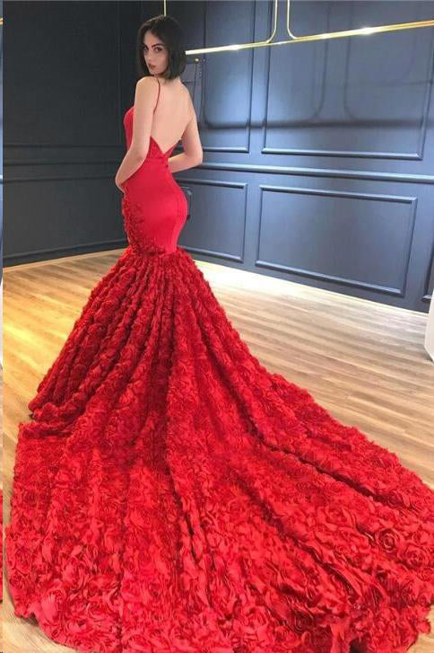 Red V-Neck Mermaid Rose Lace Trumpet Spaghetti Straps Prom Dresses