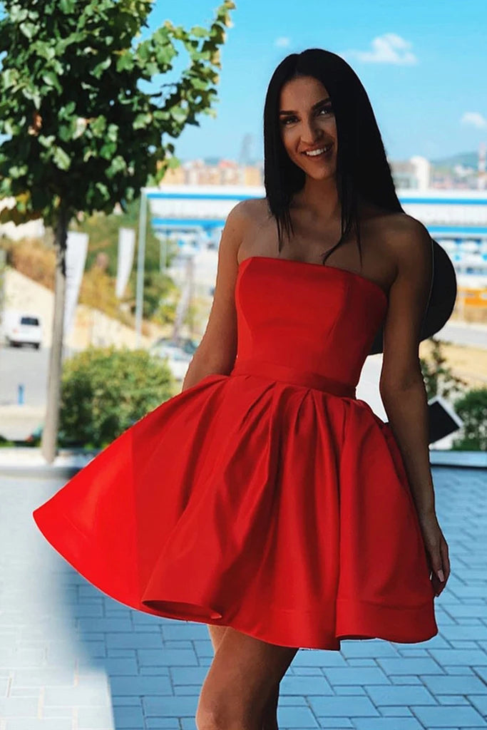 Cute Red Satin Strapless Above Knee Homecoming Dresses with Belt Short Cocktail Dresses H1274