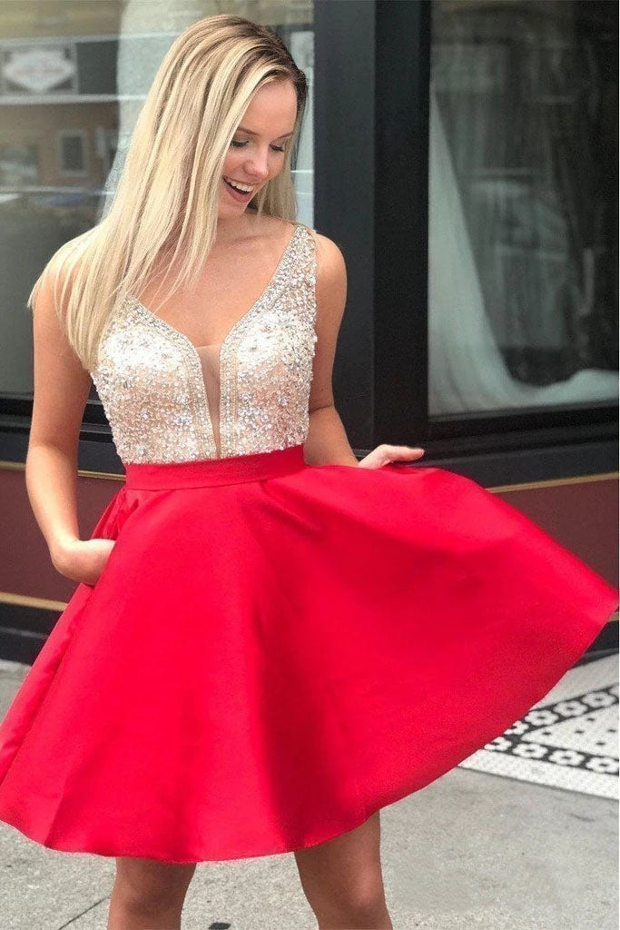 Red Satin V Neck Homecoming Dresses with Pockets, Beads Above Knee Short Prom Dresses H1108