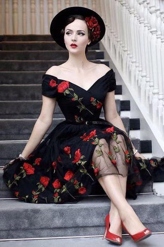 products/Retro_Off_the_Shoulder_V_Neck_Tulle_Black_Short_Sleeve_Party_Dress_with_Red_Flowers_H1195.jpg