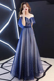Romantic Scoop Lace up Prom Dresses, Blue Floor Length Evening Dresses with Tulle P1052