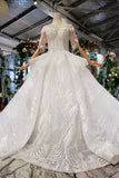 Round Neck Half Sleeve Ball Gown Quinceanera Dresses, Beads Ivory Wedding Dresses P1091