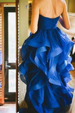 High Low Royal Blue Organza Strapless Prom Dresses PH158