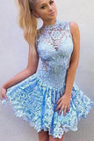 Cute A Line High Neck Blue Lace Appliques Illusion Short Cheap Homecoming Dresses uk PH892