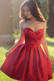 Sweetheart Simple Pleated Red Strapless Satin Party Dresses,Short Homecoming Dresses uk PH915