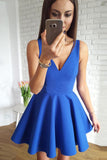 Cute Royal Blue Satin A Line V-Neck Short Homecoming Dress with Ruched,Graduation Dress PH567