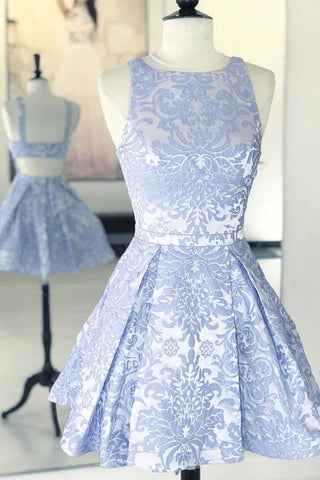 Scoop A Line Blue Sleeveless Above Knee Short Prom Dresses Print Homecoming Dresses SX66512