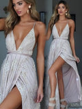 Sexy Deep V-Neck Spaghetti Straps Lace Prom Dress with High Slit P1568