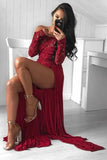 Sexy A Line Off the Shoulder Long Sleeve Dark Red Prom Dress with Lace High Split PW759