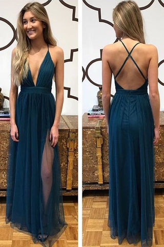 Sexy A Line Spaghetti Straps Blue Tulle Prom Dress with Split Criss Cross Evening Dresses PW910