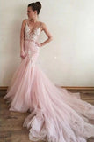 Sexy Pink Tulle Mermaid Wedding Dresses Backless V Neck Lace Bodice Bridal Dresses W1093