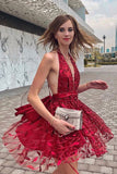 Sexy Red Halter V Neck Beads Lace Appliques Homecoming Dresses Short Cocktail Dress H1118