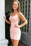 Sexy Sheath Lace Appliques Pink Spaghetti Straps Homecoming Dresses with Above Length H1145