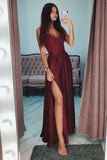Sexy Slit Burgundy Spaghetti Straps Sweetheart Prom Dresses Long Prom Party Dresses PW620