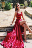 Sexy Spaghetti Straps Side Slit Red Satin Long Prom Dresses, Cheap Evening Dresses PW927
