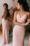 Sexy Spaghetti Straps V Neck Pink Rose Gold Prom Dresses Backless Evening Gowns P1119