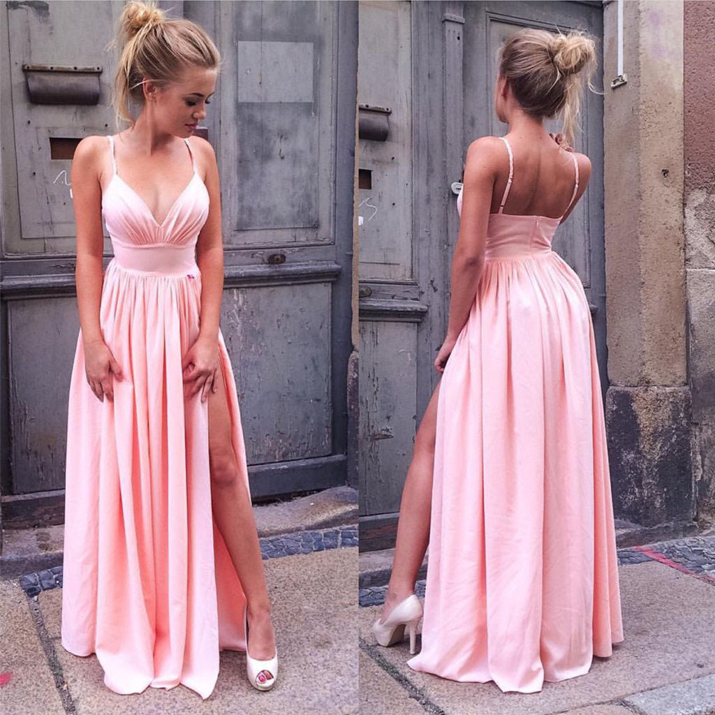 Sexy V-Neck Prom Dresses Pink Spaghetti Straps Ruffles Floor Length Party Dresses with Slit P1047