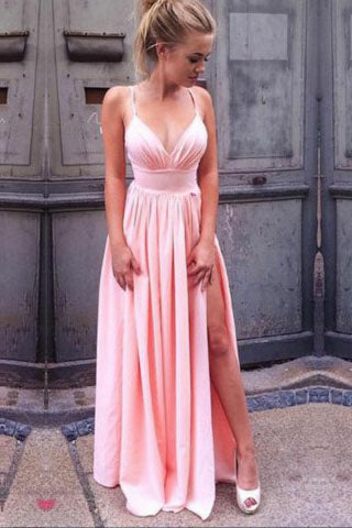 Sexy V Neck Prom Dresses, Pink Spaghetti Straps Ruffles Floor Length Party Dresses with Slit P1047