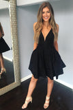 Short V Neck Jacquard Black Homecoming Dresses With Pocket,Short Prom Dresses H1057
