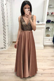 Simple A Line Long V Neck Brown Prom Dresses With Beads, Cheap Party Dresses PW900