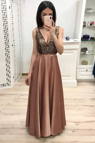 Simple A Line Long V Neck Brown Prom Dresses With Beads, Cheap Party Dresses PW900