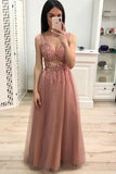 Simple A Line V Neck Prom Dress with Beading and Sequins, Long Party Dress PW892