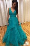 Simple A Line V Neck Tulle Green Criss Cross Prom Dresses, Long Evening Dresses P1001