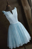 Simple Baby Blue Satin Short V Neck Prom Dress, Halter V Neck Bridesmaid Dresses H1085
