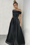 Simple Black A-line Off the Shoulder Satin Prom Dresses, Long Party Dresses uk PW402