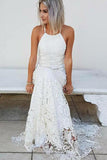 Halter Mermaid Lace Appliques Wedding Dress Backless Beach Bridal Gowns PW937
