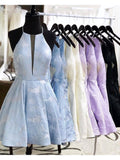 Lilac Jacquard Floral Homecoming Dress with Pocket Halter Graduation Dress PW949