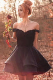 Simple Off the Shoulder Sweetheart Satin Homecoming Dresses, Above Knee Short Prom Dress H1068