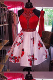 Simple Red Crystal Beaded Halter Short Floral Print Homecoming Dresses, Cocktail Dresses H1115