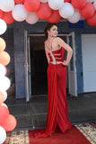 Simple Red Mermaid High Neck Prom Dresses Chiffon Open Back Evening Dresses PW542