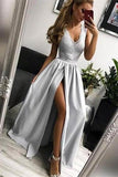 Simple Silver Long V-neck Lace Slit Satin Prom Dresses For Teens Party Dresses P1107