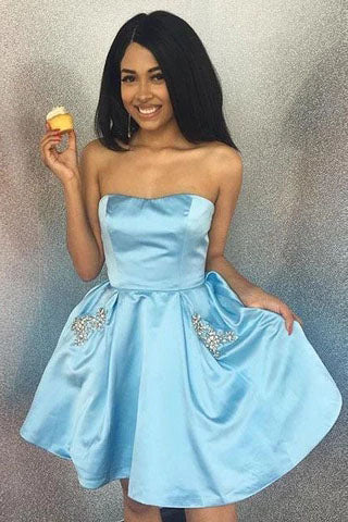 Strapless Beaded Blue Homecoming Dress with Pockets Cocktail Dress H1172