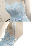 Tea Length Light Blue Lace Homecoming Dresses with Belt Short Prom Dresses H1042