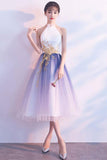 Simple Tulle White and Blue Ankle Length Halter Backless Sleeveless Graduation Dresses P1005