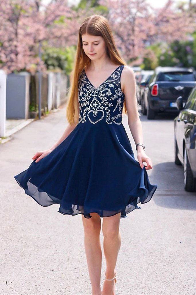 Simple V Neck Chiffon Navy Blue Homecoming Dresses with Appliques, Party Dresses H1151
