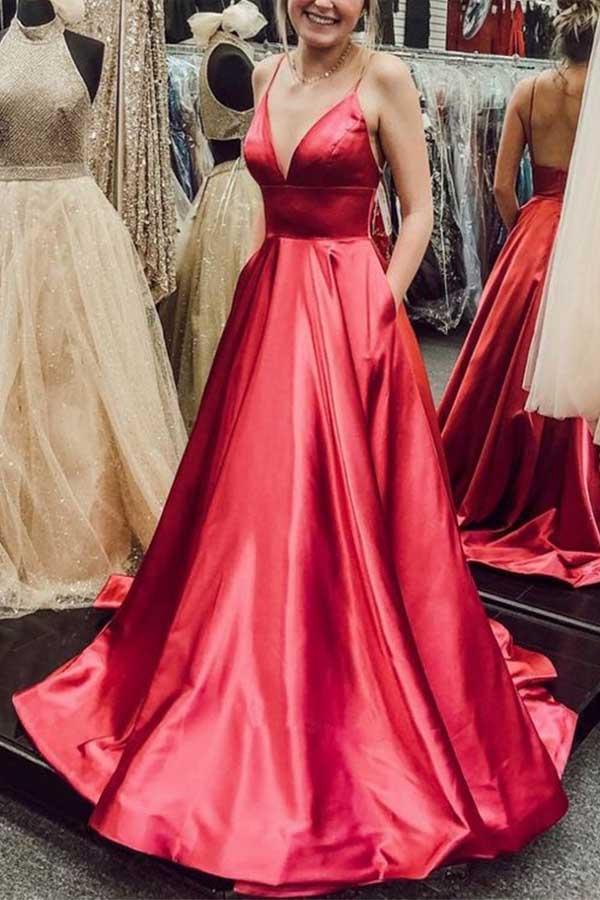Simple V Neck Spaghetti Straps Red Satin Long Prom Dresses with Pockets Backless PW641