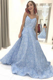 Sky Blue Floral Spaghetti Straps Prom Dresses Lace Appliques Backless Evening Dress PW608