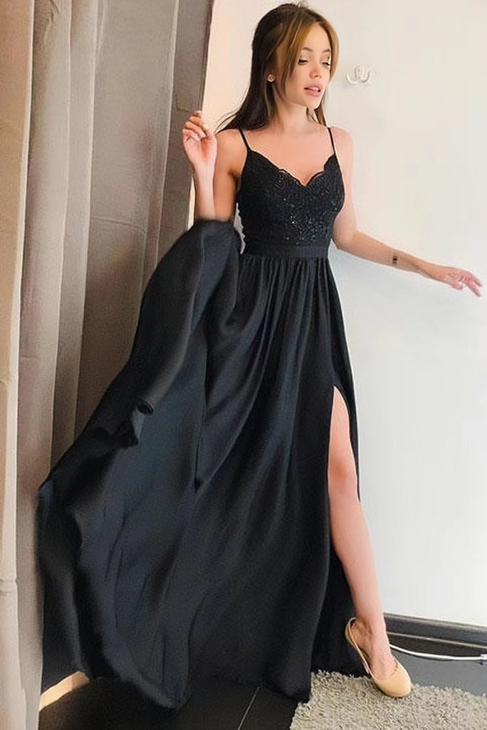 Spaghetti Straps V-Neck Lace Black Side Slit Prom Dresses PW737