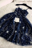 Spaghetti Straps Navy Blue Tulle Sweetheart Homecoming Dresses, Short Prom Dresses PW755