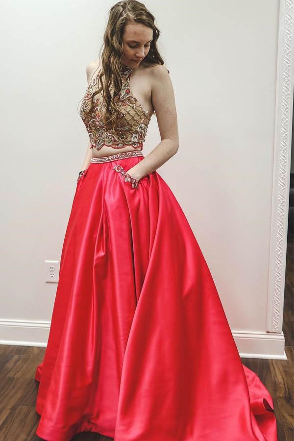 Sparkly Two Piece Beaded Satin Red High Neck Long Prom Dresses with Pockets PW742