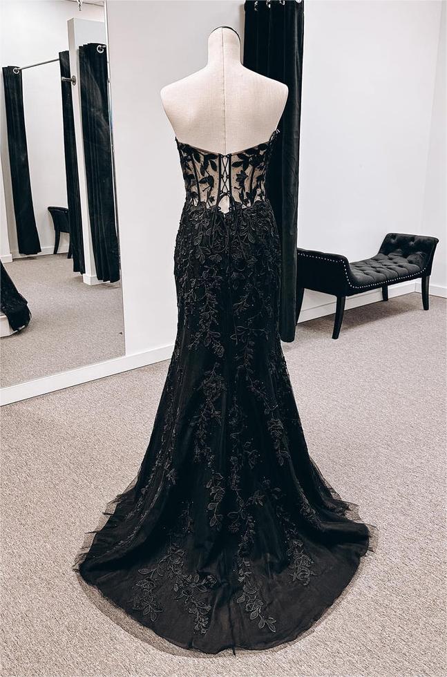 Strapless Mermaid Black Lace Long Prom Dresses N356