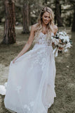 Strapless Beads Tulle Ivory Wedding Dresses, V Neck Lace Appliques Beach Wedding Gowns W1043