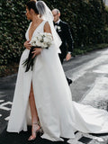 Stunning V-Neck Satin Straps Ivory Wedding Dress A-line Bridal Gowns with Pockets W1102