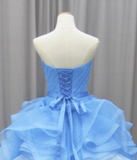 A Line Strapless Blue Organza Appliques Ruffles Prom Dresses Sweet 16 Dresses