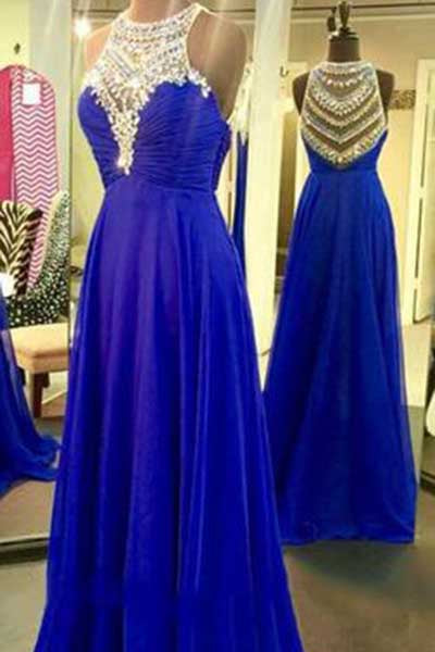 Royal Blue Sparkle Beads Halter Pretty Illusion High Neck Chiffon Prom Dress PM405